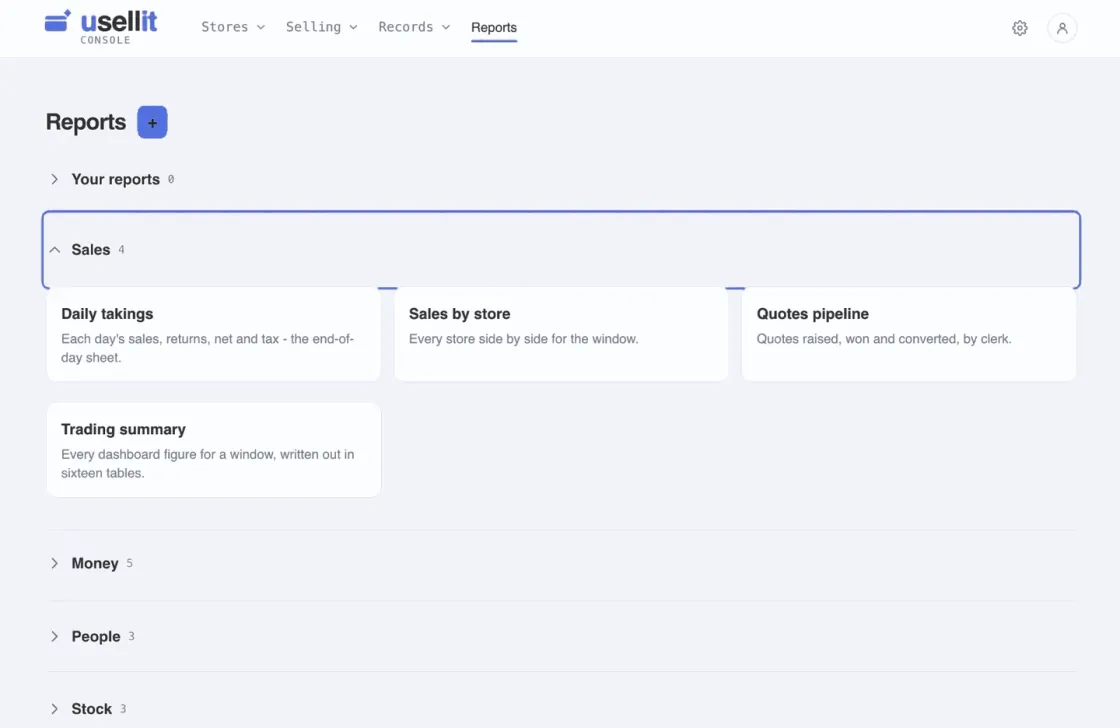The usellit Console: reports grouped into sales, money, people and stock.