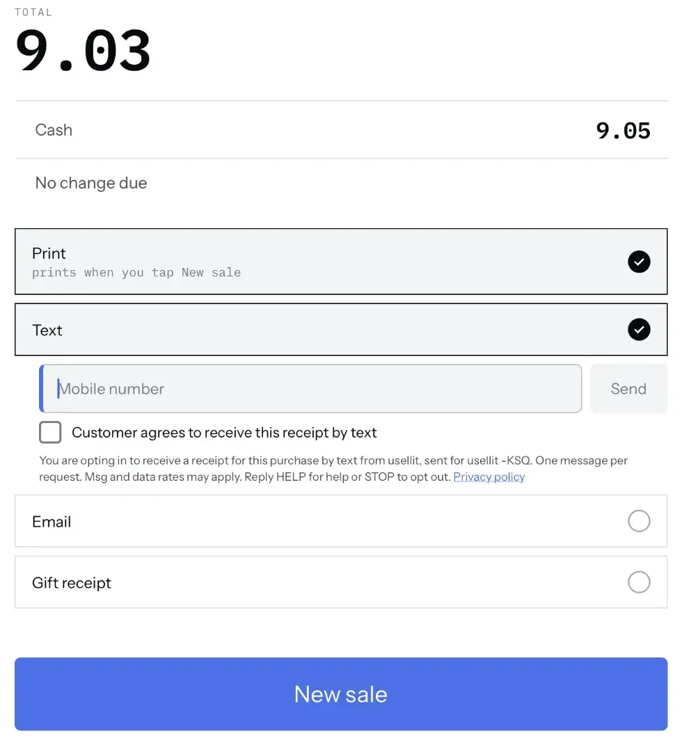The usellit terminal after a sale: Text chosen, a mobile number field, an unticked box reading Customer agrees to receive this receipt by text, and the opt-in disclosure with a privacy policy link